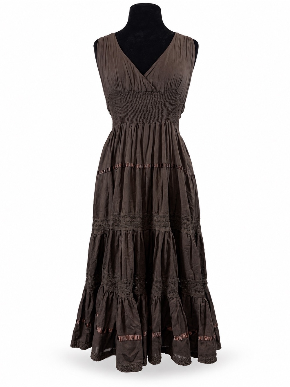 Model France Brown Boho Maxi Dress Lace Smocked Convertible Straps L